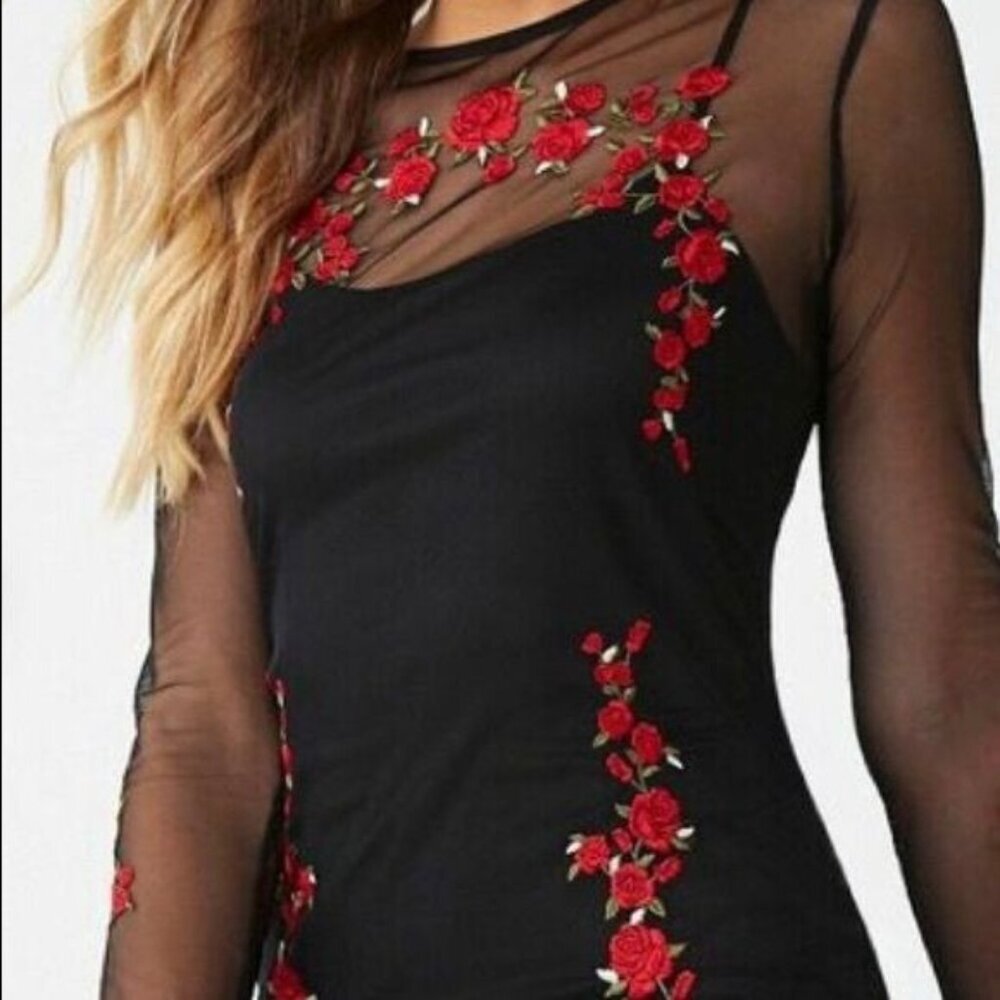 Forever 21 Black Mesh Long Sleeve Floral Embroidered Mini Dress -M